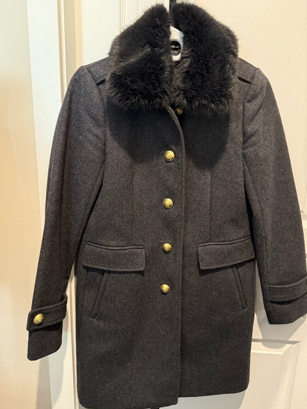 J. Crew Dark Gray Wool Peacoat with Faux Fur Collar